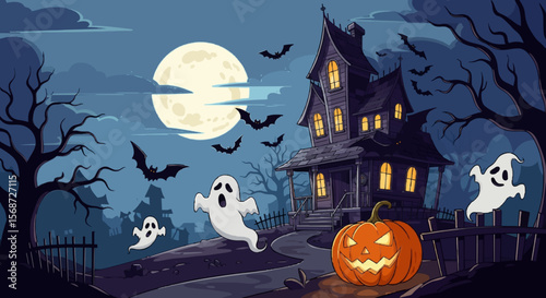 A spooky cartoon scene depicting a haunted house, ghosts, bats, and a carved pumpkin under a full moon.