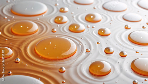 Abstract Blurred White and Orange Circles with Water Droplets on Soft Light Background.