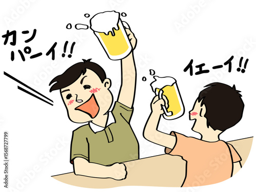 ビアガーデン（飲み会）で乾杯する男性グループ