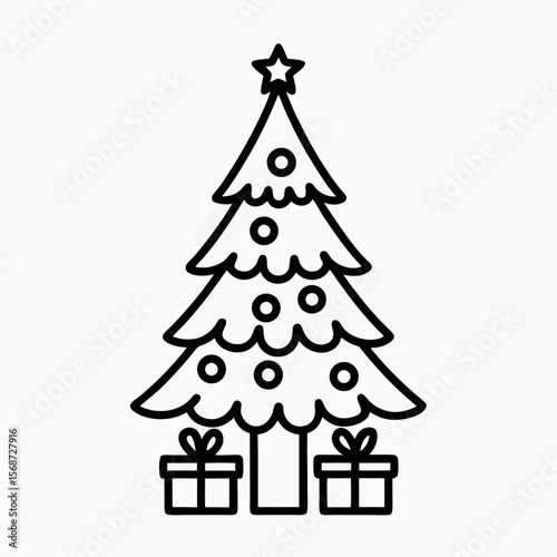 Christmas Tree with Presents in Minimalist Outline Design for Holiday Cards, Graphic Design, Seasonal Blogs, and Social Media Decorations  
