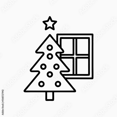Christmas Tree Illustration with Window and Star Symbol for Holiday Cards, Festive Blogs, Seasonal Greetings, and Social Media Posts  