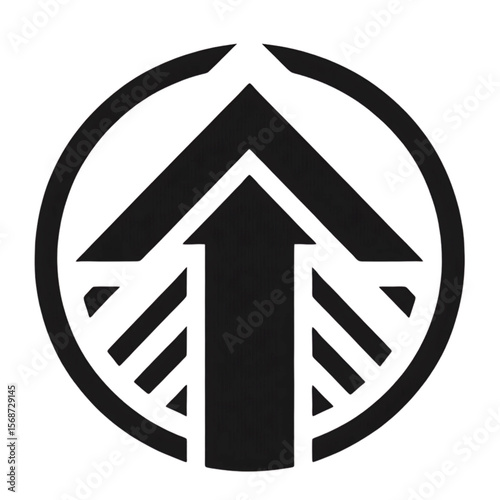 Abstract black circular logo with upward pointing arrow and geometric design