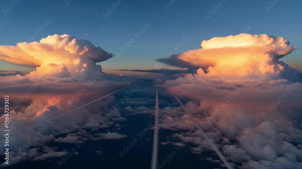 Aerial Perspective of Clouds and Vapor Trails at Sunset