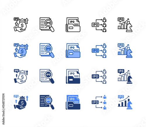 Initial Public icon sheet multiple style collection. Capital raising specialist, Disclosure, Filing, Public, Strategy.