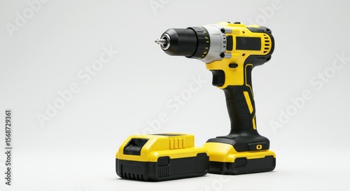 Yellow and black cordless drill with battery, isolated on white background