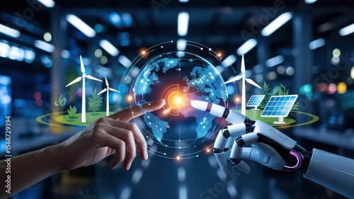 Robot and Human Fingers Touching Earth Hologram with Wind and Solar Clean Energy Icons