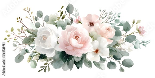 Fototapeta Naklejka Na Ścianę i Meble -  Watercolor floral bouquet, blush pink roses and baby's breath arrangement with sage green leaves on a white background, 