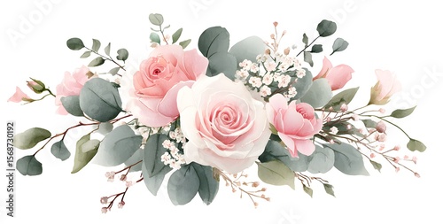 Watercolor floral bouquet, blush pink roses and baby's breath arrangement with sage green leaves on a white background, 