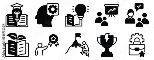 Training Icon Set Solid Style Collection representing skill development and educational activities suitable for corporate programs learning platforms and personal growth applications