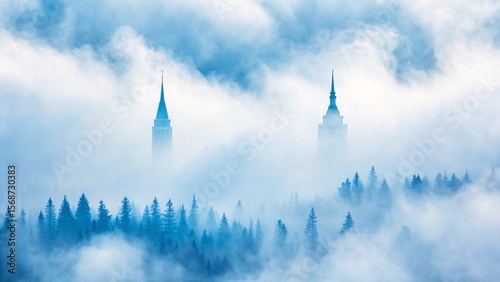Abstract Watercolor Landscape Featuring Blue and White Foggy Towers in Dreamlike Atmosphere.