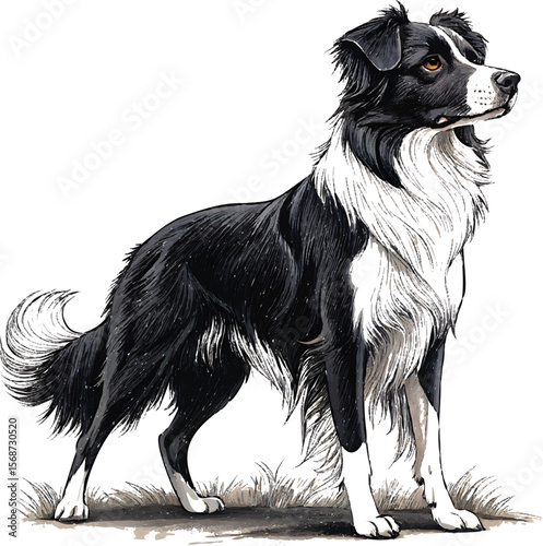 Black and white dog standing on grass border collie