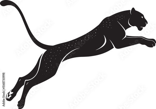 Black panther leaping with white spots jumping wild cat