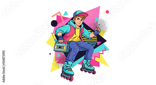 90s Retro Boy Rollerblading with Boombox Vibrant Illustration