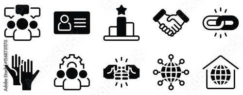 Networking Icon Set Solid Style Collection representing digital connections and data exchange suitable for IT infrastructure communication systems and professional collaboration platforms