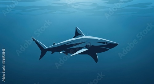 Shark swimming in deep blue ocean water, underwater illustration