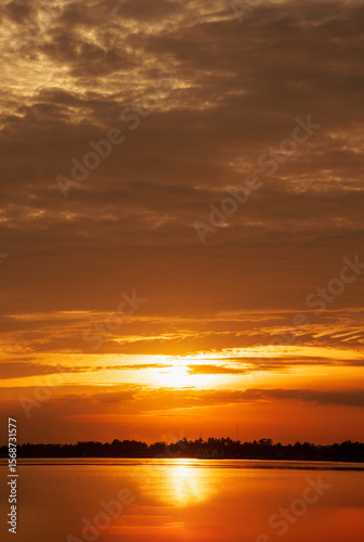 Vertical Horizon Sunset mountain range beautiful landscape mist foggy sunrise beam. Golden sky Mountain landscape mountain. Vertical Amazing Landscape cloud sky on sunrise. Gold sunlight heaven scene