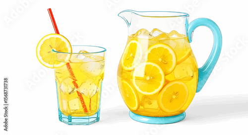 Halftone Glass with Yellow Liquid, Ice Cubes, Red Straw, and Lemon Slice, Alongside a Blue-Handled Pitcher with Lemon Slices
