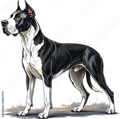Harlequin Great Dane standing profile black and white