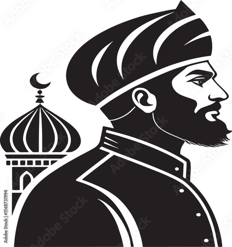Man with turban and mosque dome beard profile