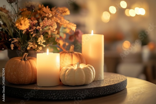Fototapeta Naklejka Na Ścianę i Meble -  Autumnal centerpiece with candles and pumpkins.  Warm, inviting fall decor