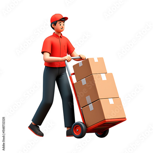 3D render of a delivery professional moving parcels on a hand truck, symbolizing efficient logistics, dependable shipping, and dedicated service.