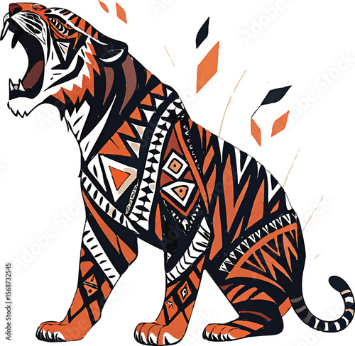 Tribal Tiger Roaring With Geometric Patterns vector
