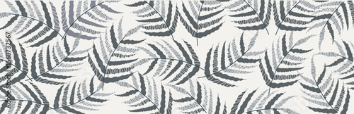 Repeating pattern of stylized monochrome fern leaves with abstract detailing, hand-drawn graphic style, on a light background. Vector illustration