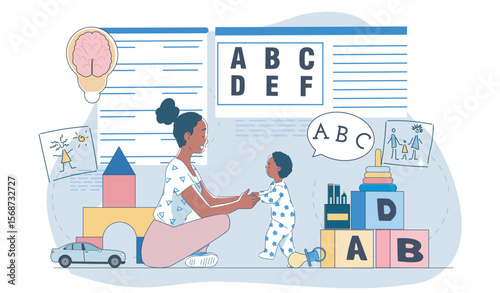 A mother teaching her toddler ABCs with toys, books, and blocks in a playful learning environment, cartoon style on a light blue background. Concept of early childhood education. Vector illustration