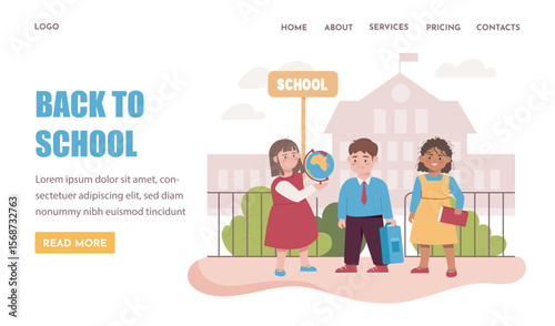 Group of school children standing outdoors with books and a globe in front of a school building, flat cartoon style, white background. Concept of education. Vector illustration