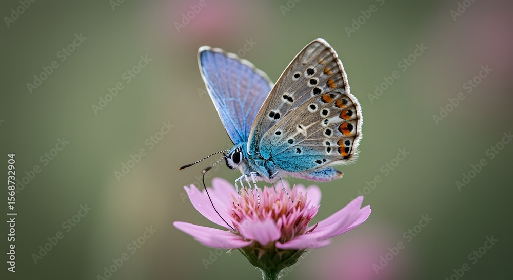 Macro close-up of a vibrant blue butterfly resting on a pink flower, showcasing nature's delicate beauty and intricate details. Macro close-up of a vibrant blue butterfly resting on a pink flower, showcasing nature's delicate beauty and intricate details.