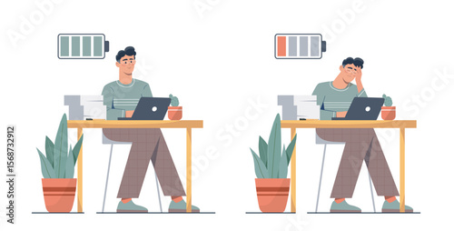 Two office workers at desks with laptops, one energetic and one exhausted, shown with battery icons, flat style on white background. Concept of work fatigue. Vector illustration
