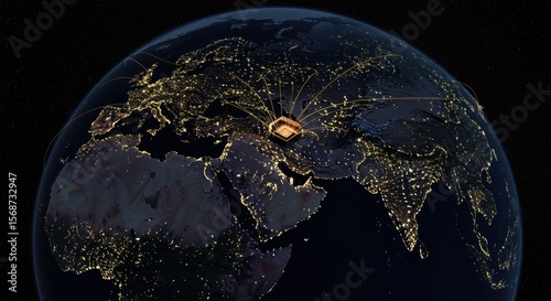 Global Connectivity: A Nighttime View of Earth Showcasing International Networks Centered in Turkey