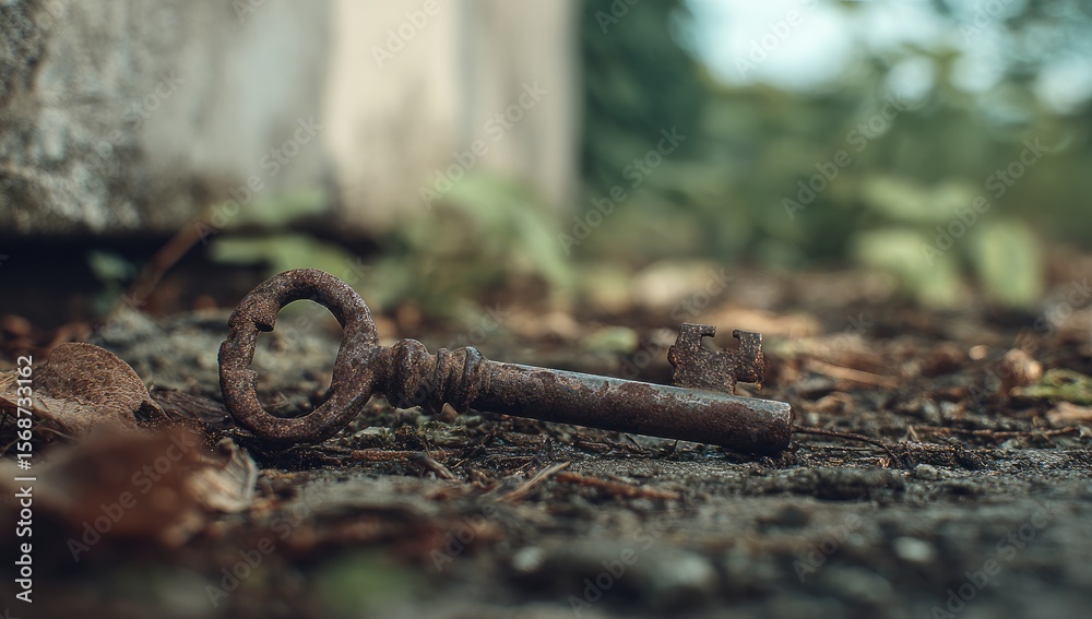 Fototapeta premium Rusty key on ground, overgrown foliage (1)