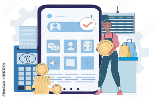 Woman holding coin next to smartphone screen with finance app interface, calculator and shopping bags in flat style on white background. Concept of digital payments. Vector illustration