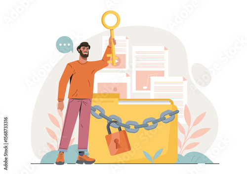 Man holding key near locked folder with documents, flat cartoon style, white background. Concept of data security, privacy access and digital protection. Vector illustration