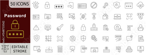 Password Line Icons Set with Editable Stroke for Login Security and Digital Access Protection