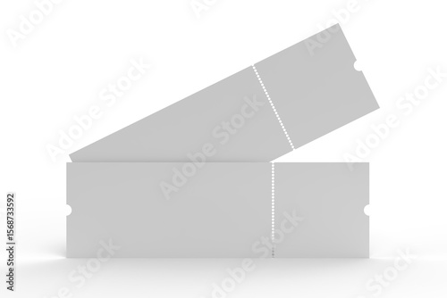 3D Realistic empty event tickets mockup isolated on background. Blank template for showcasing your ticket, train, raffle, carnival, concert, festival, lottery, coupon, theatre or airplane pass label.