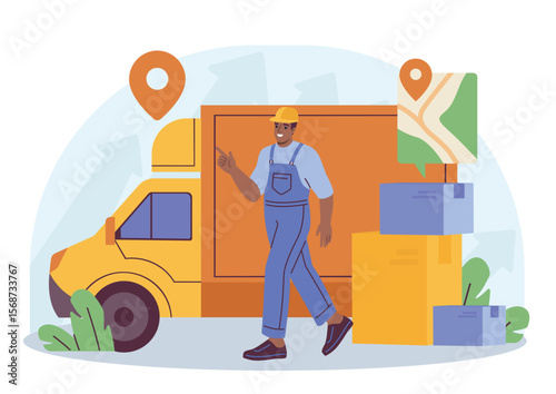Delivery worker standing beside a yellow truck with stacked boxes and map pin icons, flat cartoon style on white background. Concept of logistics service. Vector illustration