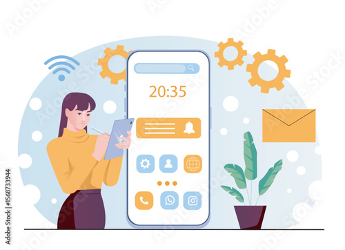 Woman using stylus on tablet near large smartphone screen with app icons, flat style, on abstract background with gears and envelope, concept of UI design. Vector illustration