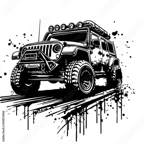 Off road car Silhouette Grunge Splatter and Dripping Spray Effects