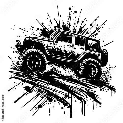 Off road car Silhouette Grunge Splatter and Dripping Spray Effects