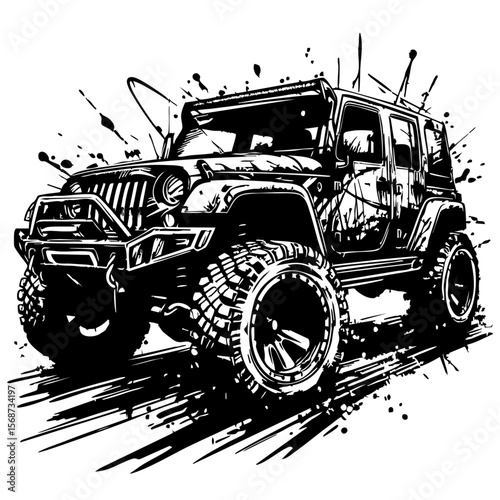 Off road car Silhouette Grunge Splatter and Dripping Spray Effects