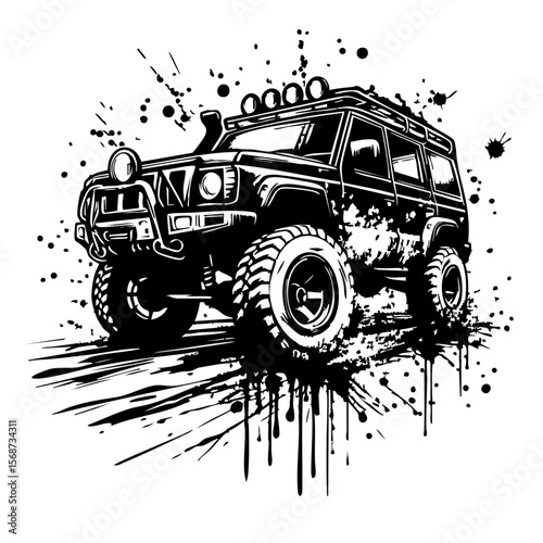 Off road car Silhouette Grunge Splatter and Dripping Spray Effects