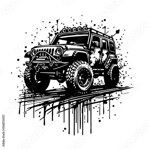 Off road car Silhouette Grunge Splatter and Dripping Spray Effects