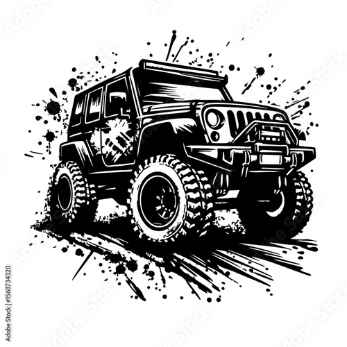 Off road car Silhouette Grunge Splatter and Dripping Spray Effects