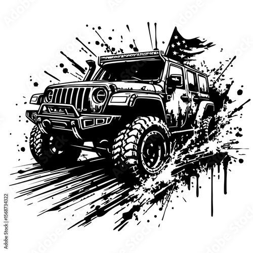 Off road car Silhouette Grunge Splatter and Dripping Spray Effects