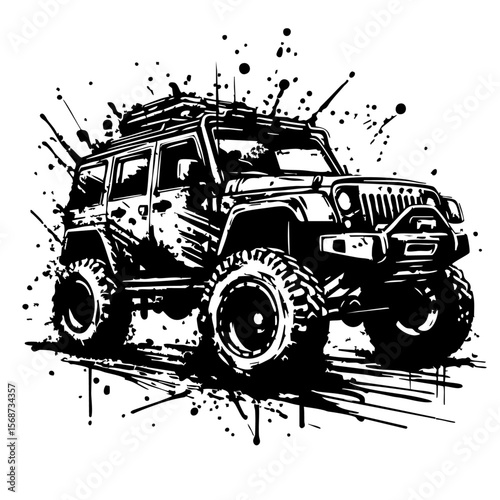Off road car Silhouette Grunge Splatter and Dripping Spray Effects