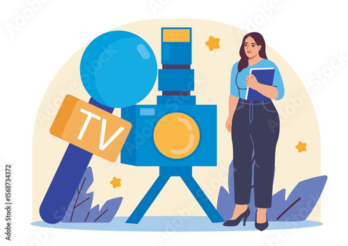 Female journalist holding notebook standing near camera and microphone with TV sign, flat cartoon style on light background. Concept of media reporting. Vector illustration
