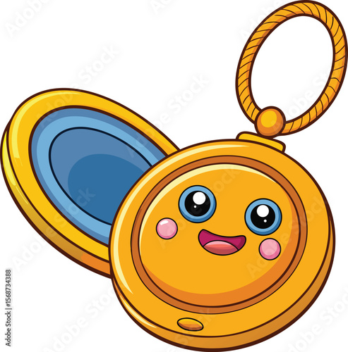 Cartoon locket necklace opening to reveal tiny kawaii face, vector jewelry on white background