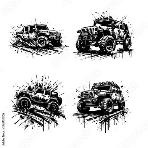 Off road car Silhouette Grunge Splatter and Dripping Spray Effects